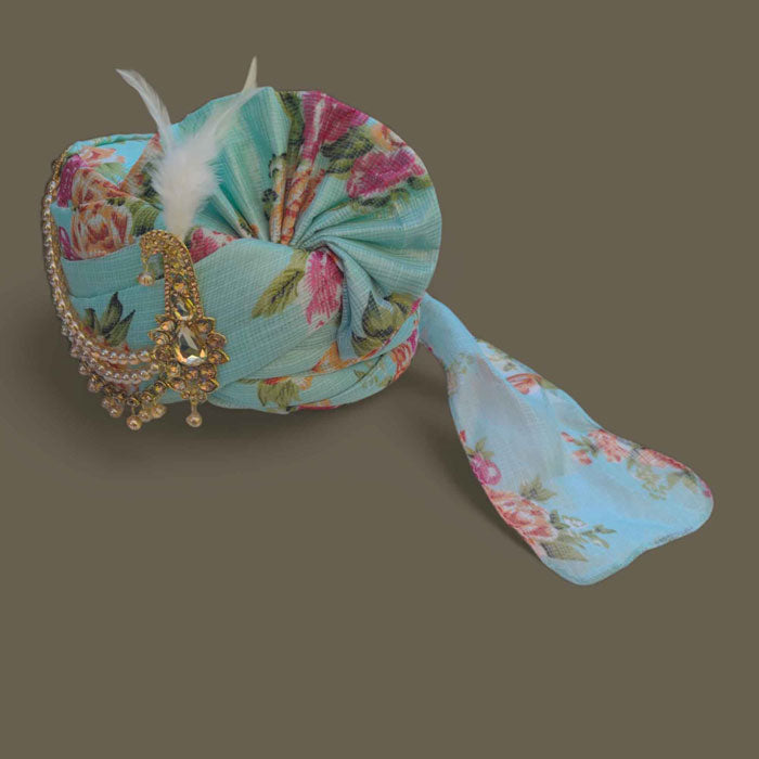 KRYPMAX Rose Flower Printed Traditional Groom's Pagdi, Dulha Pagri (Sea Green)