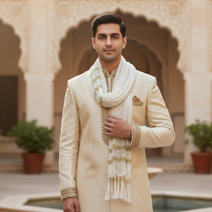 KRYPMAX Groom's Dulha Pagdi with Dupatta(Stole) Combo for Men's Wedding, White (Pagri Size: 22 to 22.5 Inch)