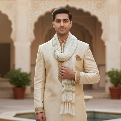 KRYPMAX Groom's Dulha Pagdi with Dupatta(Stole) Combo for Men's Wedding, White (Pagri Size: 22 to 22.5 Inch)