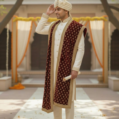 KRYPMAX Men's Narrow Velvet Stole Dupatta With Printed Design Golden Border for Kurta/Sherwani/Achkan/Suit (Length - 2.5m, Width -14 Inch) - Trishul Print