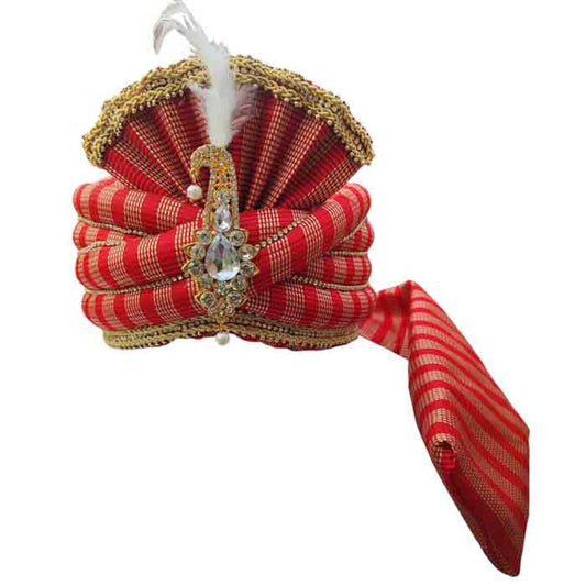 Krypmax Shiny Line on Red Color Traditional Readymade Ethnic Men Wedding Safa/Turban/Pagdi/Pheta/Pagri