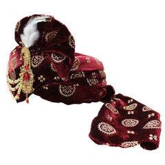 Krypmax Mens Printed Velvet Traditional Ethnic Safa/Turban/Pagdi/Pagri (Maroon Color) with Velvet Dupatta