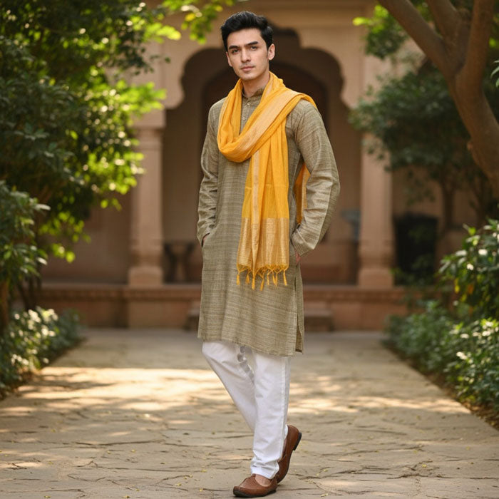 KRYPMAX Men's Silk Bandhani Ethnic Dupatta/Stole for Kurta(Yellow, 2.25 Mtr Length)