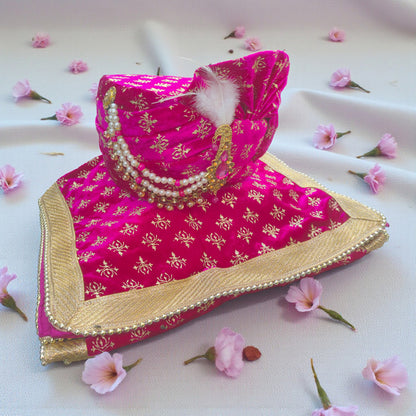 KRYPMAX Trishul Printed Groom's Safa Stole Set, Traditional Dulha Safa Pagri with Stole/Dupatta, Rani Colour (Pagdi Size: 22.5 to 23 Inch)
