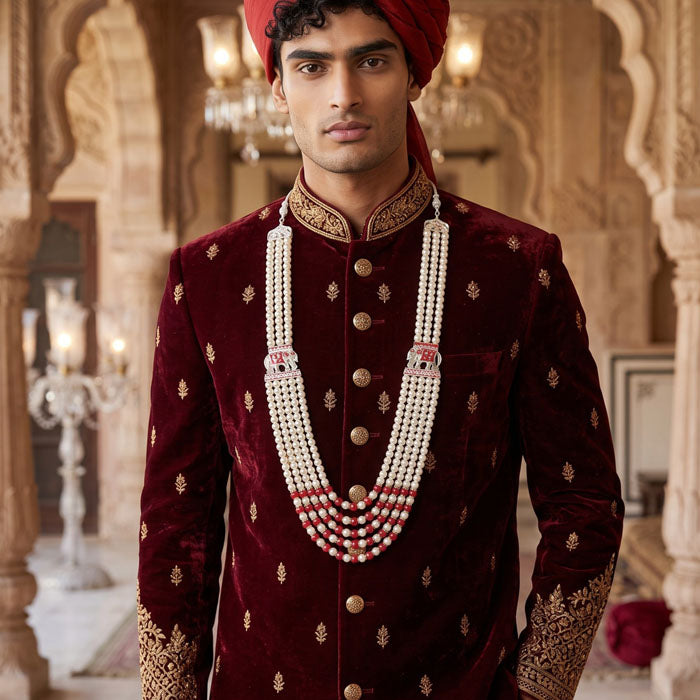 KRYPMAX Moti Mala For Men Necklace groom Pearl Sherwani Traditional ELEPHANT Design Five Layered Design for Marriage Indian Wedding (Dulhe ki mala)