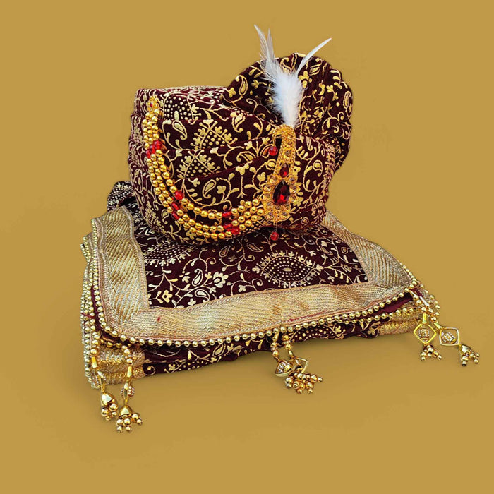 KRYPMAX Printed Groom's Safa Stole Set, Traditional Groom Safa Pagri with Stole/Dupatta, Maroon Colour (Pagdi Size: 22 to 22.5 Inch)