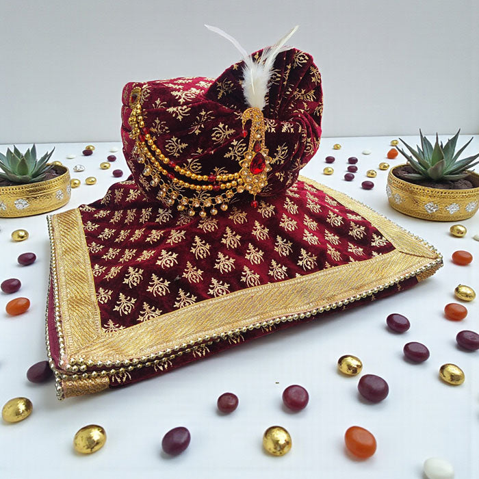KRYPMAX Men Trishul Printed Groom's Safa Shawl Stole Set, Wedding Safa/Turban with Stole, Dulha Groom Pagdi Dupatta, Maroon (Size 22 to 22.5 Inch)