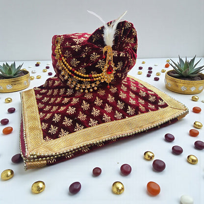 KRYPMAX Men Trishul Printed Groom's Safa Shawl Stole Set, Wedding Safa/Turban with Stole, Dulha Groom Pagdi Dupatta, Maroon (Size 22 to 22.5 Inch)
