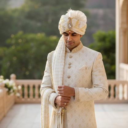 KRYPMAX Groom's Dulha Pagdi with Dupatta(Stole) Combo for Men's Wedding, White (Pagri Size: 22 to 22.5 Inch)