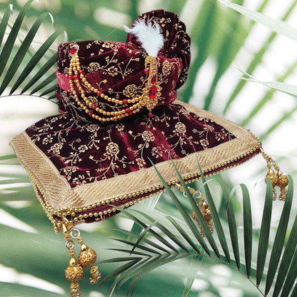 Krypmax Mens Rose Flower Printed Velvet Traditional Ethnic Safa/Turban/Pagdi/Pagri & Shawl (Maroon Color, Turban Size: 22 to 22.5 Inch)