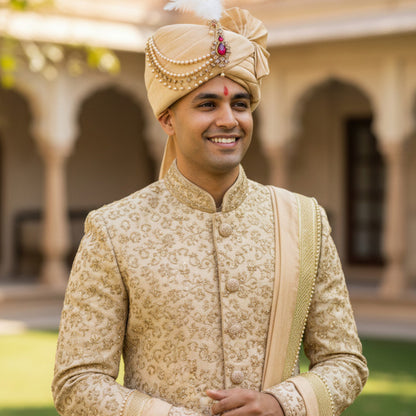 KRYPMAX Royal Groom's Safa Stole Set, Traditional Safa Pagri with Stole/Dupatta, Chiku Colour (Pagdi Size: 22.5)
