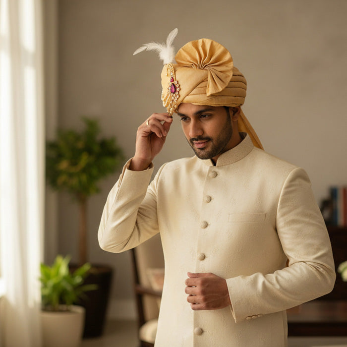 KRYPMAX Royal Groom's Safa Stole Set, Traditional Safa Pagri with Stole/Dupatta, Chiku Colour (Pagdi Size: 22.5)