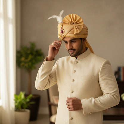 KRYPMAX Royal Groom's Safa Stole Set, Traditional Safa Pagri with Stole/Dupatta, Chiku Colour (Pagdi Size: 22.5)