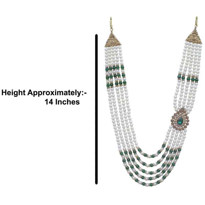 KRYPMAX Designer Pearl Base Metal and Dulha Sherwani Moti Mala Haar Necklace for Groom Men's Indian Wedding (PCN-014-032_Green_offwhite_Pack of 1)