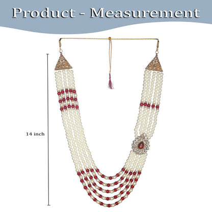 KRYPMAX Designer Pearl Base Metal and Dulha Sherwani Moti Mala Haar Necklace for Groom Men's Indian Wedding (PCN-014-034_Maroon_white_Pack of 1)