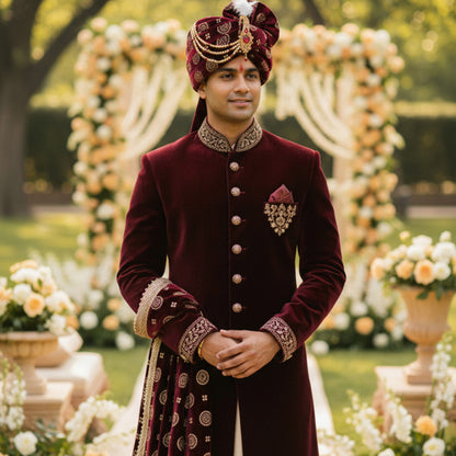 Krypmax Mens Printed Velvet Traditional Ethnic Safa/Turban/Pagdi/Pagri (Maroon Color) with Velvet Dupatta
